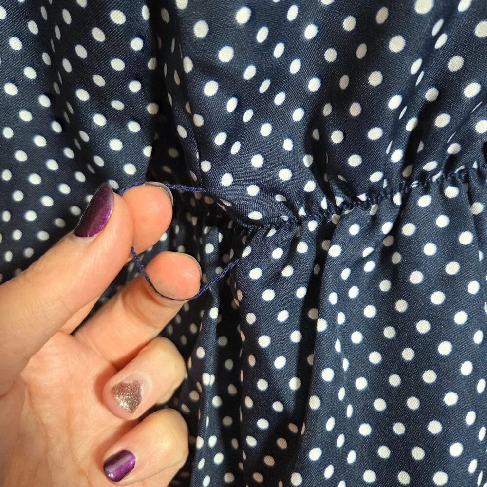 Vintage Abe Schrader Size 10 Navy Blue Polka Dot Peal Ruffle Long Dress - Picture 4 of 9